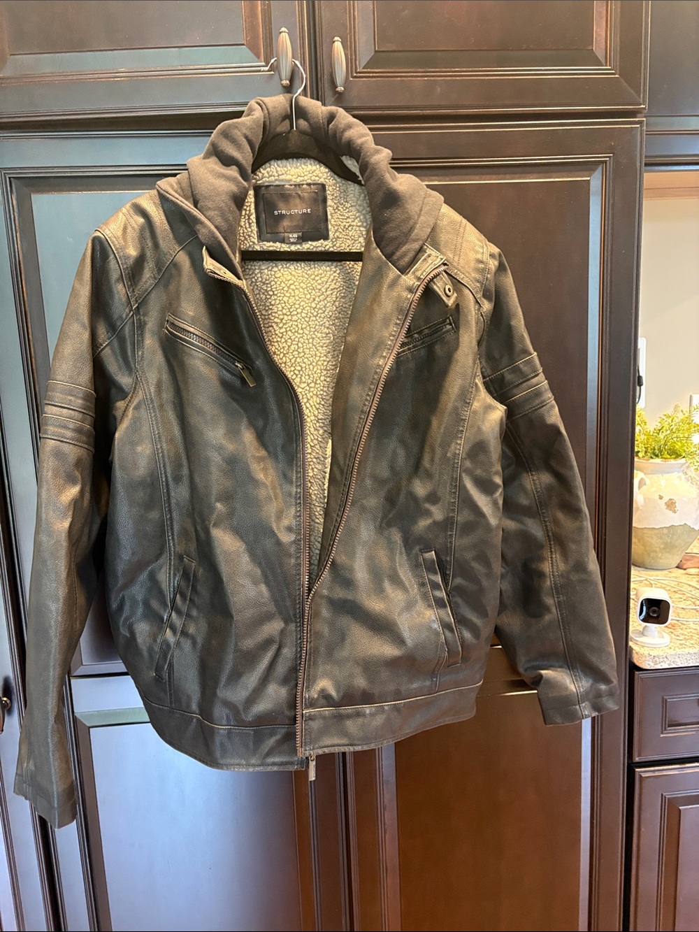 Structure Men's Dark Brown Faux-Leather hooded Bomber Jacket with Sherpa lining.